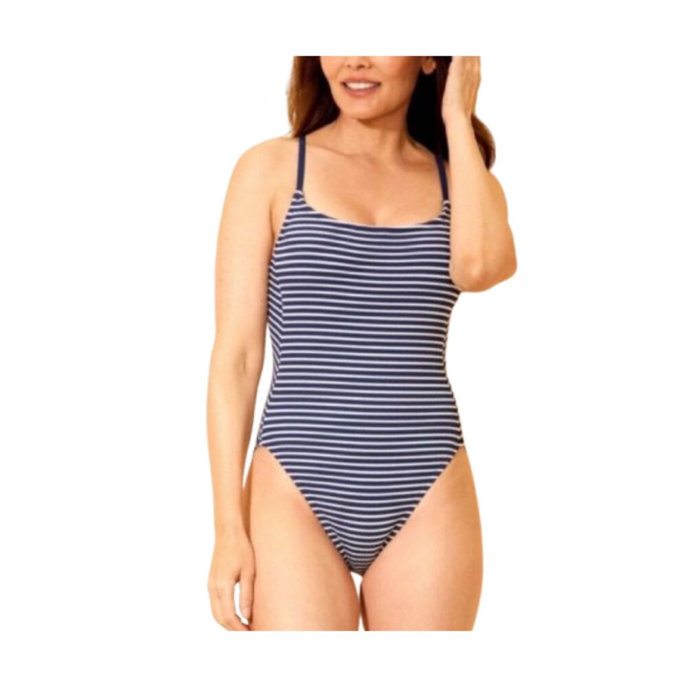 Shade & Shore NWT Blue & Black Striped Cross Back Scoop Neck Med Coverage Size L
